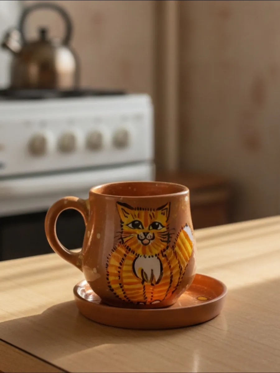 Кофейная пара "Кот", керамика, ручная работа — фото 1